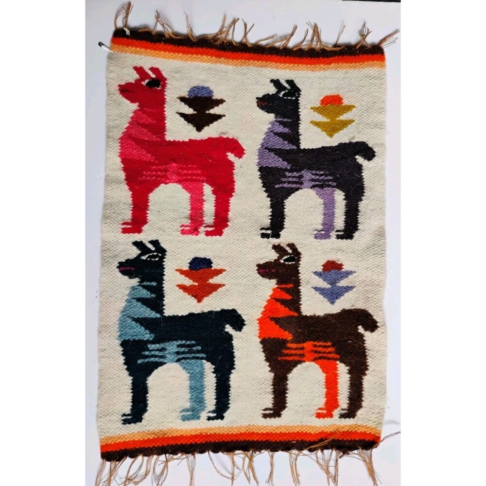 Vintage Peruvian Hand Woven Wool Tapestry Llama Alpaca Mini Rug Boho Decor 15x11